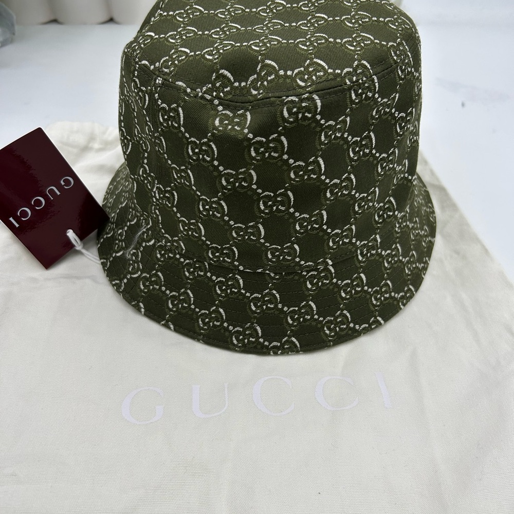 Men's Gucci GG shadow JACQUARD bucket hat in Olive, green cotton size large - Picture 2 of 7